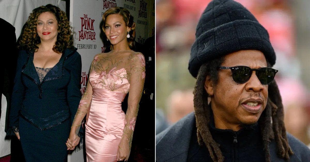 Photo of Tina Knowles with Beyonce and a photo of Jay-Z.